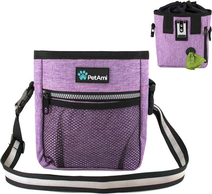 Dog Treat Pouch, Pet Treat Pouch for Training, Dog Walking Bag Holder for Kibbles, Pet Food Toy, Dog Trainer Essentials Supplies, Poop Bag Dispenser, 3 Ways to Wear (Purple)