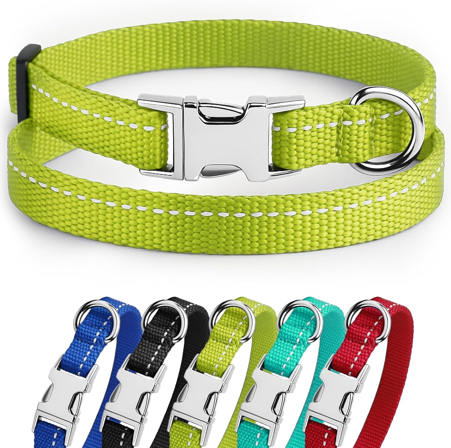 Reflective Dog Collar for a Small, Medium, Large Dog or Puppy with a Quick Release Buckle - Boy and Girl - Nylon Suitable for Swimming (7-11 Inch, Lime Green)